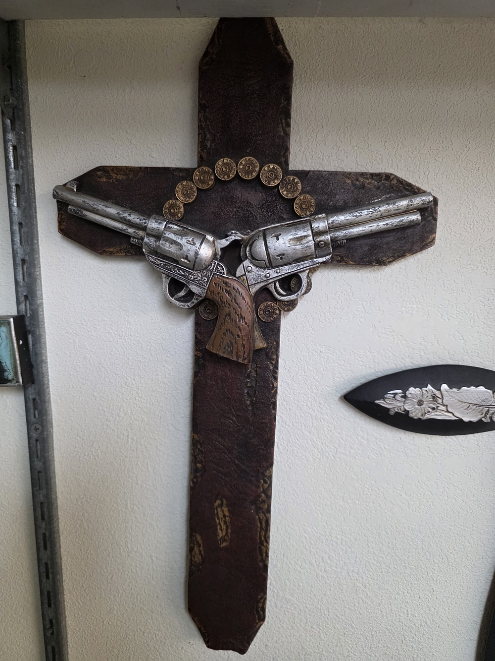 Rustic Western Cross Wall Art with Silver Revolvers